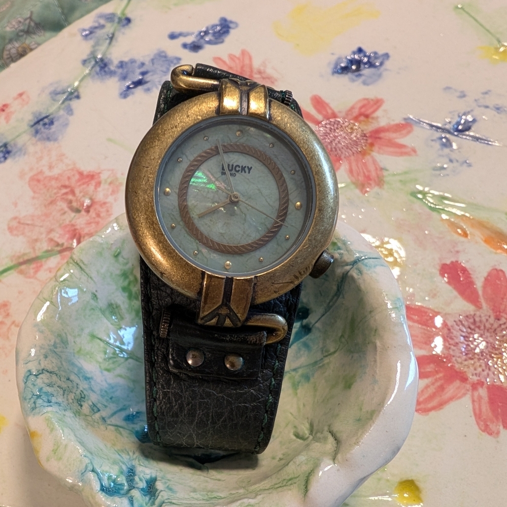 Lucky Brand Dark Green All Leather Band and Gold/Brass Hardwear Watch